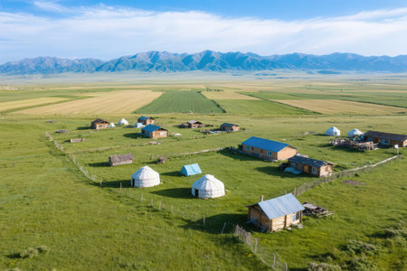 Aerial view of Mongolian yurt in the steppe.の素材