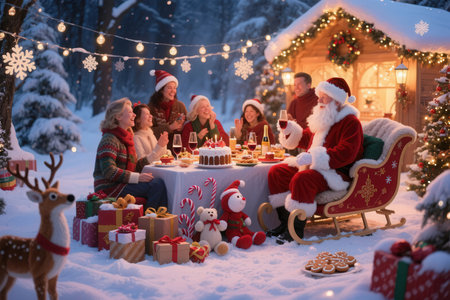 Happy family sitting at table with Christmas presents and drinking hot wine in winter forestの素材