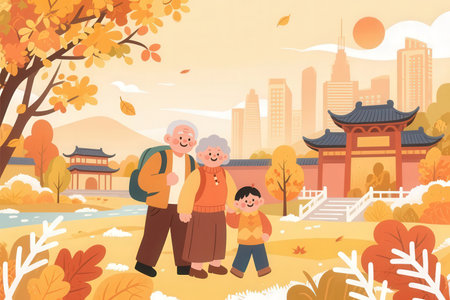 Grandparents and grandson in autumn park. Vector illustration in flat styleの素材