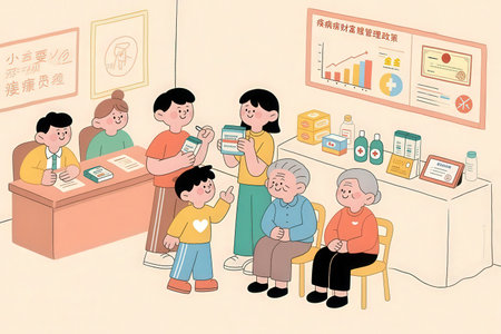 Illustration of an elderly woman in a retirement home with her familyの素材