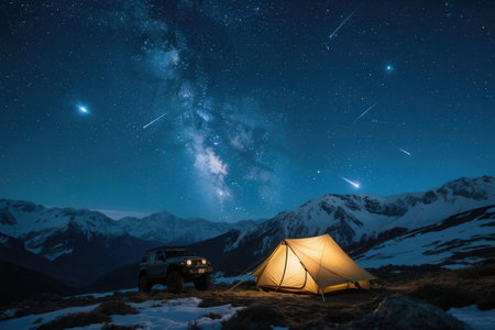 Night camping in the mountains. Camping on the background of the starry sky.の素材