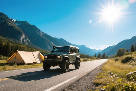 Car on the road in the mountains. Travel and adventure concept.の素材
