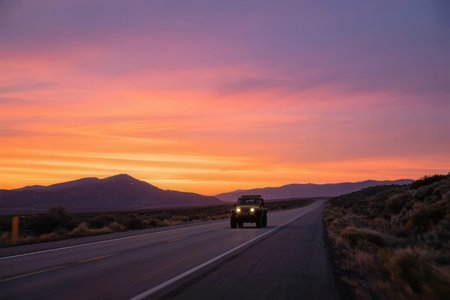 Car on the road at sunset in the Mojave Desert, Californiaの素材