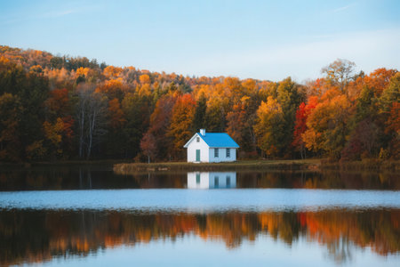 Beautiful autumn landscape with a small house in the middle of the lakeの素材