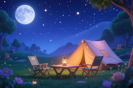 Camping on the meadow at night with a beautiful full moonの素材