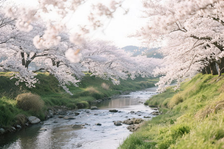 Cherry blossoms in full bloom along the Yamagata Riverの素材