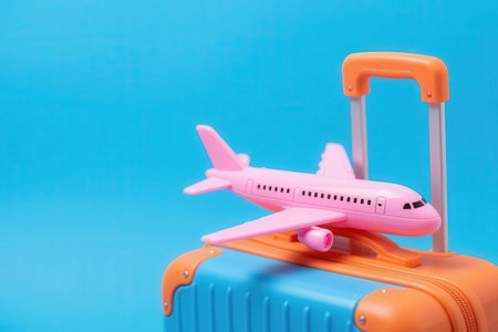 Plastic toy airplane and suitcase on blue background. Travel concept.の素材