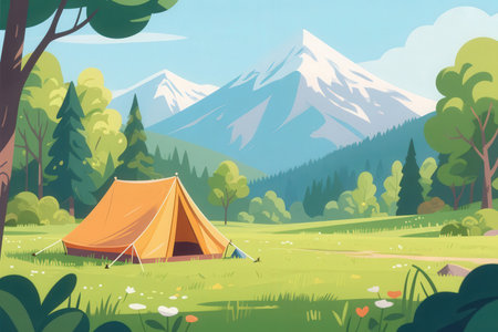 Camping in the mountains. Vector illustration in a flat style.の素材