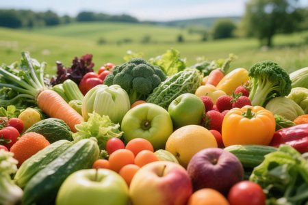 Variety of fresh fruits and vegetables in the field. Healthy food concept.の素材