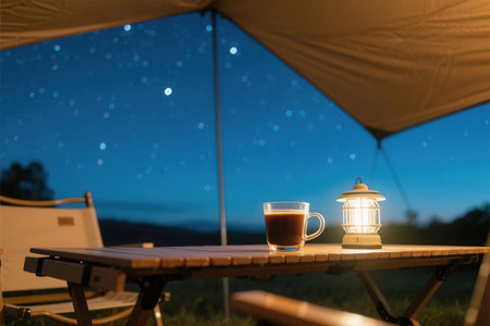 Coffee cup on wooden table in camping tent at night.の素材