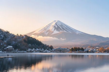 Mt Fuji and Kawaguchiko lake in Japan at sunriseの素材