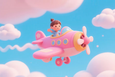 Girl flying on a toy airplane in the blue sky with clouds.の素材