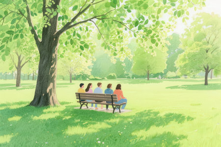 People sitting on a bench in the park. Digital painting. Illustration.の素材