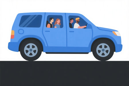 Illustration of a family in a blue car on a white backgroundの素材