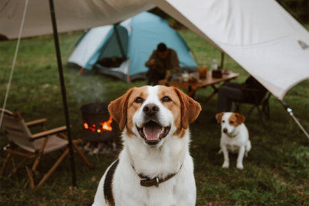 cute beagle dog looking at camera while sitting near camping tentの素材