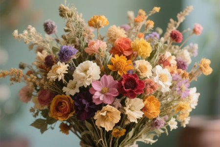 Beautiful bouquet of dried flowers in vase on blurred backgroundの素材