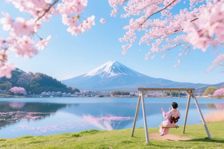 Mt Fuji and Cherry Blossoms at Kawaguchiko lake, Japanの素材