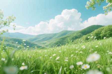 Green meadow with daisies and blue sky with white cloudsの素材
