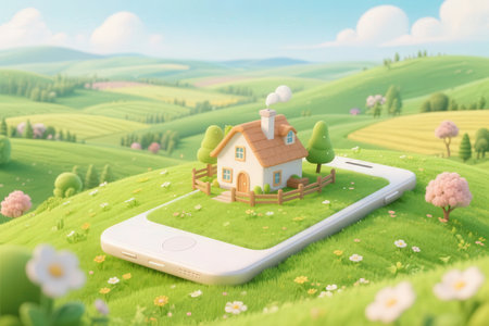 Smartphone with house on the green field. 3d illustration.の素材
