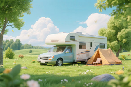 Caravan camping on nature. Traveling with motor home concept.の素材