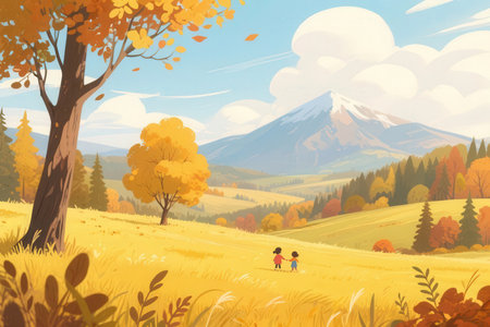 Cartoon illustration of autumn landscape with trees, mountains and children.の素材