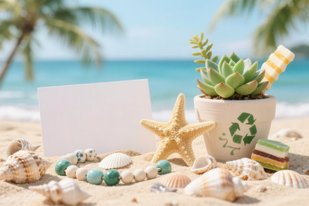 Blank card with seashells and starfish on sandy beachの素材