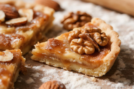 Pieces of tasty pie with nuts on wooden table, closeupの素材
