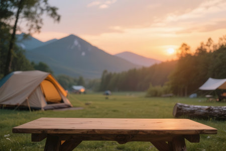 Wooden table in front of camping tent in the mountains at sunsetの素材