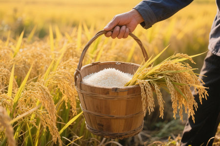 Farmer holding basket of rice in rice field, closeup of handsの素材