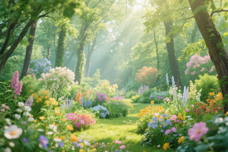 Beautiful blooming garden in the morning light. Spring landscape.の素材