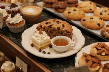 Coffee and muffins on display at a pastry shop.の素材