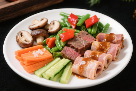 Japanese food, simmered duck breast with vegetables on white plateの素材