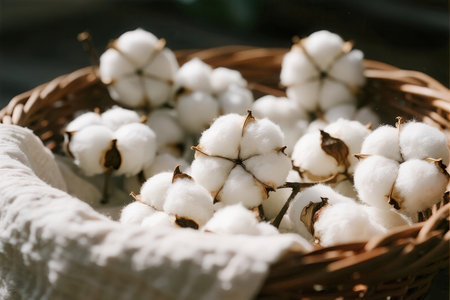 Cotton flowers in a wicker basket on a wooden background.の素材