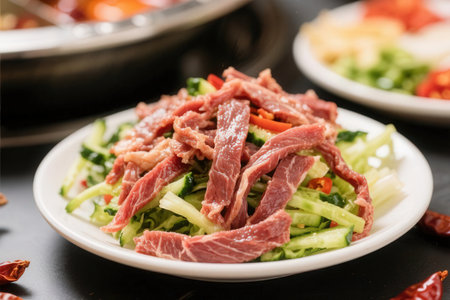fresh sliced beef on topped vegetable salad - japanese food styleの素材