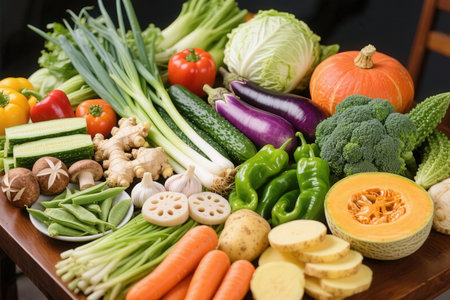 close up view of fresh vegetables in wooden tray on table in kitchenの素材