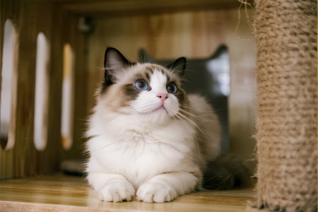 Beautiful ragdoll cat with blue eyes lying on the shelfの素材