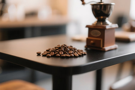 coffee beans on a table in a coffee shop with a coffee grinderの素材