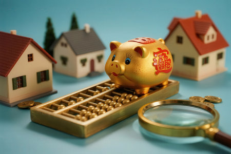 Piggy bank, house model and magnifying glass on blue backgroundの素材