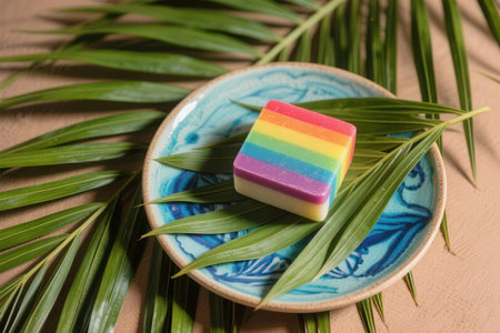 Three pieces of rainbow colored soap on a plate with palm leaves.の素材