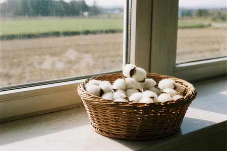 Basket of cotton flowers on the windowsill. Selective focus.の素材