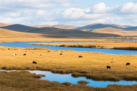 Mongolian landscape with lake, grassland and cows.の素材