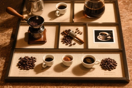 Coffee grinder, coffee beans and cups on a tableの素材