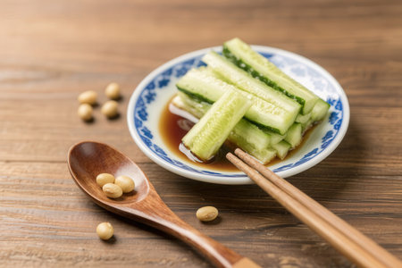 Sliced cucumber with soy sauce and wooden spoon on wooden tableの素材