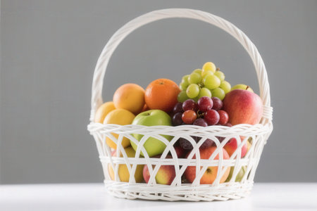 Basket of fresh fruit on a white wooden table and gray backgroundの素材