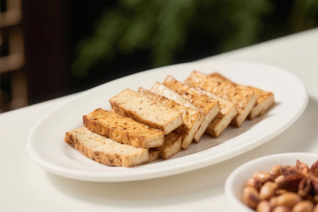 Slices of toast bread on white plate. Selective focus.の素材
