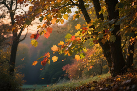 Autumn forest with colorful leaves in the morning sun. Beautiful nature backgroundの素材
