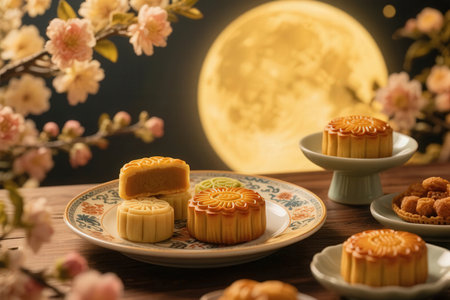 Mid Autumn Festival, moon cake and mooncake on wood table.の素材
