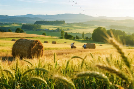 Agricultural landscape with hay bales in the field at sunsetの素材