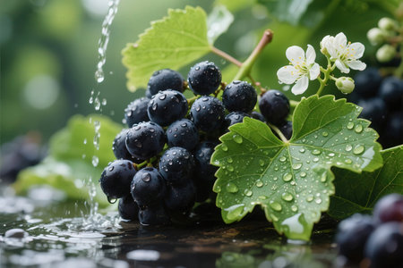 Grapes with green leaves and water drops on a dark backgroundの素材