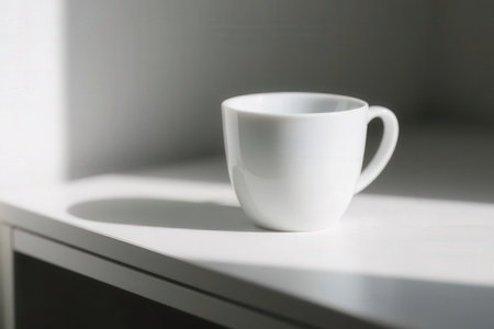 White cup of coffee on the windowsill. Minimalism.の素材